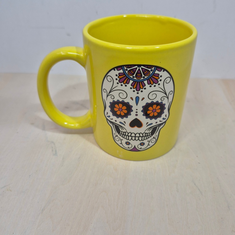 Yellow Sugar Skull Ceramic Coffee Mug Day of the Dead Calavera Tea Cup 4 inch